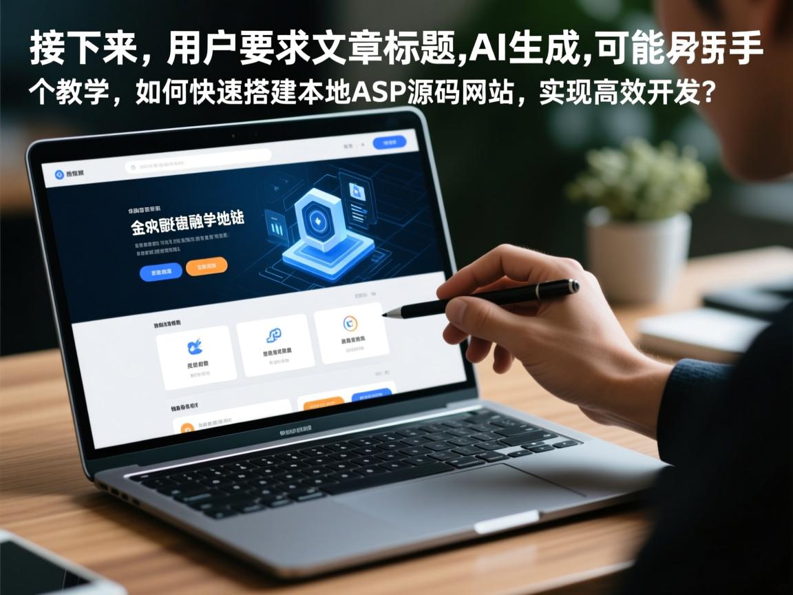 接下来，用户要求文章标题用AI生成，所以我要想一个既吸引人又包含关键词的标题。可能用手把手教学，如何快速搭建本地ASP源码网站，实现高效开发？这样既说明了内容，又包含了关键词