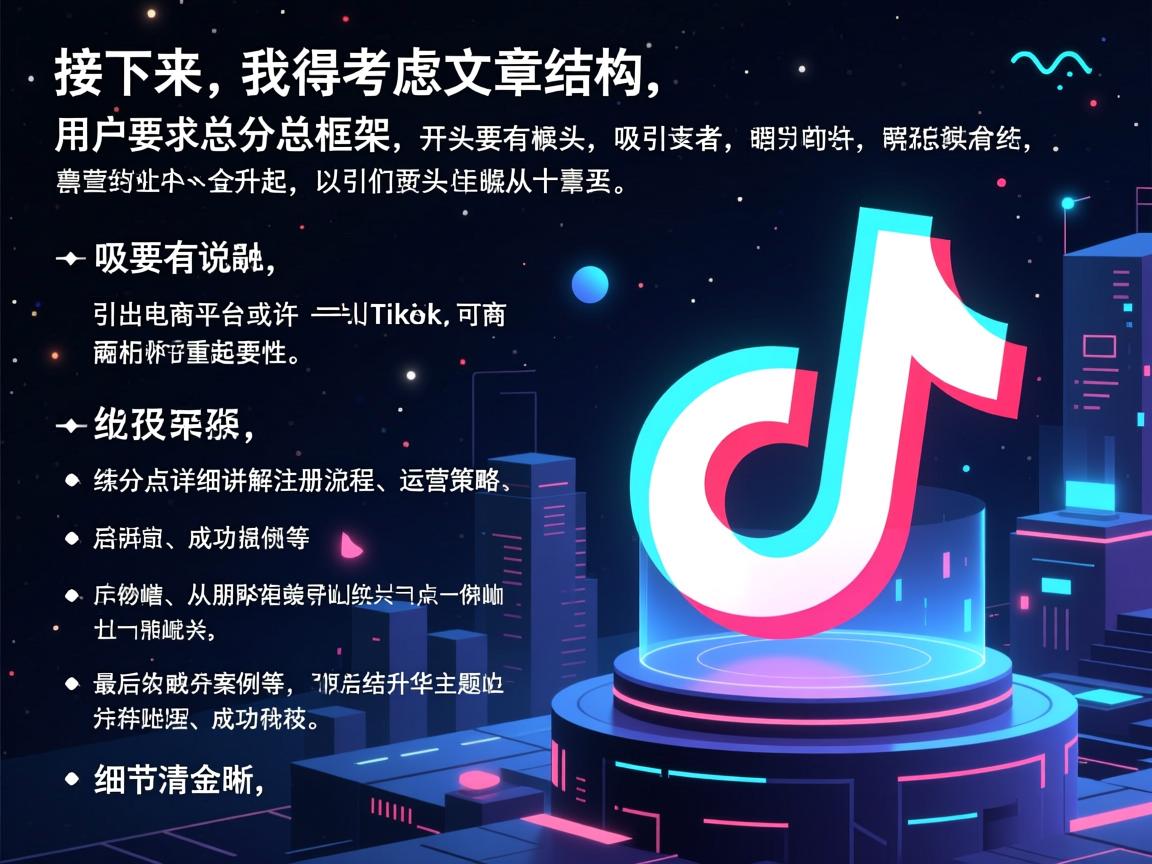 接下来，我得考虑文章的结构。用户要求总分总框架，开头要有噱头，吸引读者。或许可以从TikTok的崛起说起，引出电商平台的重要性。然后分点详细讲解注册流程、运营策略、成功案例等，最后总结升华主题