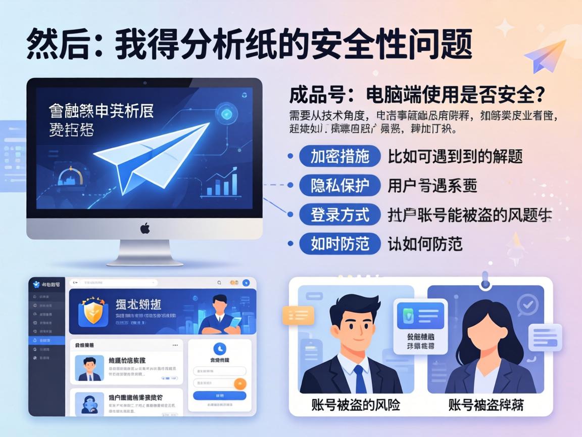 然后，我得分析纸飞机的安全性问题。成品号在电脑端使用是否安全？需要从技术角度解释，比如加密措施、隐私保护、登录方式等。同时，要提到用户可能遇到的问题，比如账号被盗的风险，以及如何防范