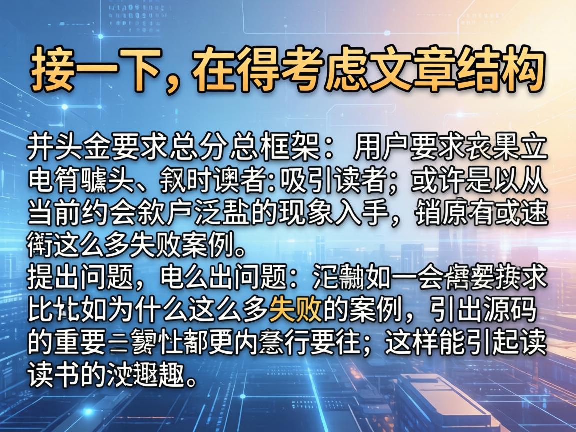 接下来，我得考虑文章的结构。用户要求总分总框架，开头要有噱头，吸引读者。或许可以从当前约会软件泛滥的现象入手，提出问题，比如为什么这么多失败的案例，引出源码的重要性。这样能引起读者的兴趣