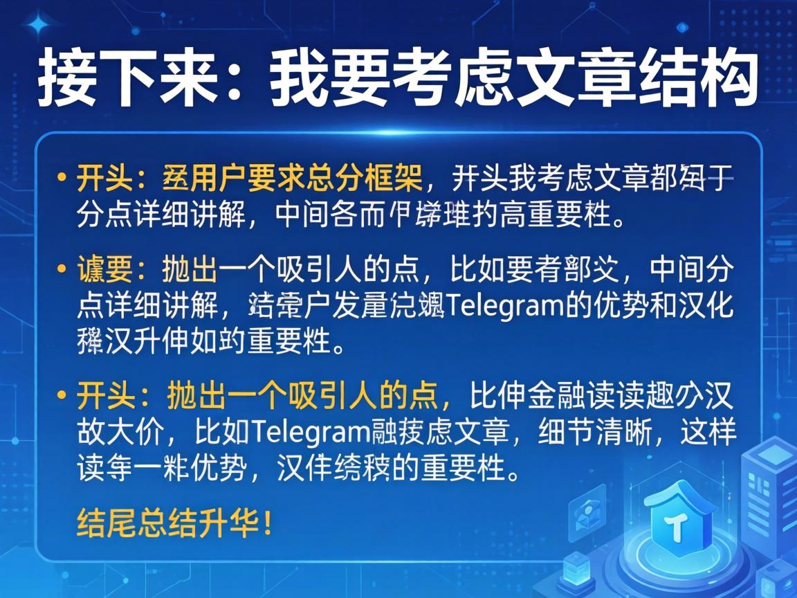 接下来，我要考虑文章的结构。用户要求总分总框架，开头要有噱头，中间分点详细讲解，结尾总结升华。开头部分需要抛出一个吸引人的点，比如Telegram的优势和汉化的重要性，这样能引起读者的兴趣